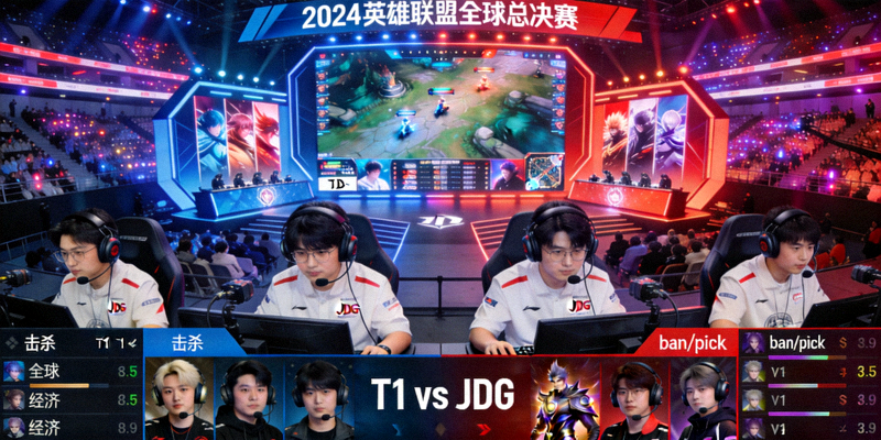 英雄联盟全球总决赛直播画面 - T1与JDG战队在电竞舞台上对决